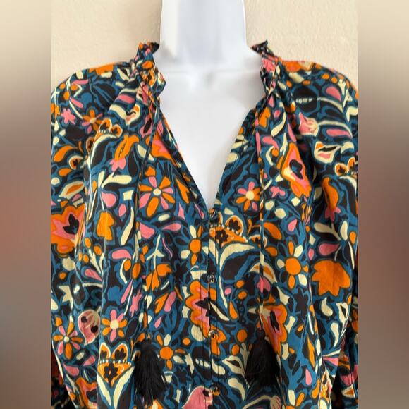 Cleobella Kaitlyn Floral Print Button Front Tassels Organic Cotton Blouse Small - Picture 4 of 16